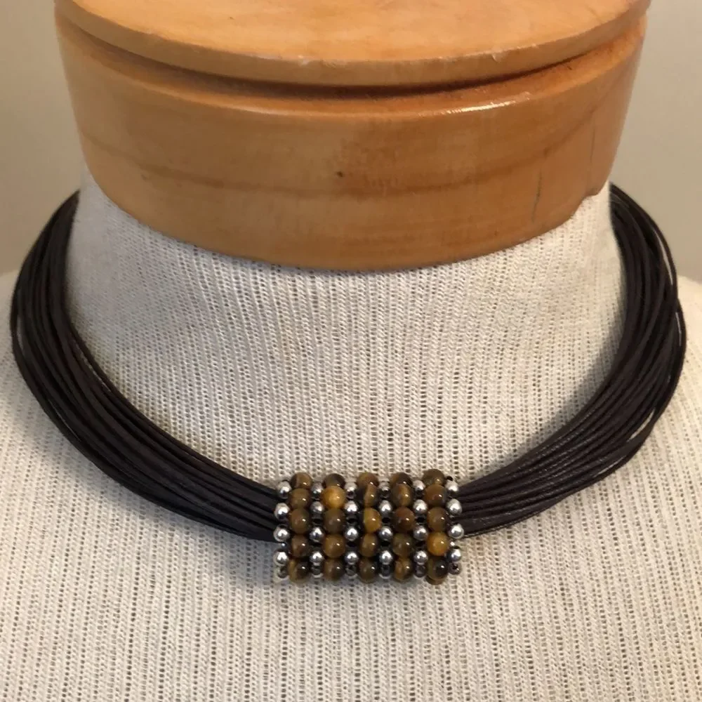 Waxed Brown Cord Necklace with Silver & Tigers Eye Beads, Sterling End Caps